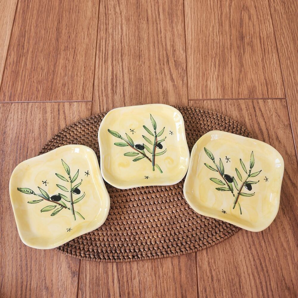Julia Junkin 5" set of 3 yellow with black olive & branch print appetizer plates